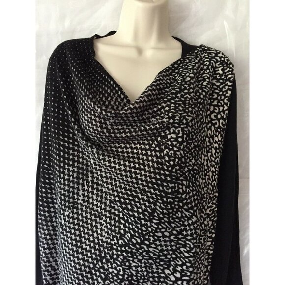 New Directions Sweater PM Drape Neck Black White Mixed Print Shoulder Zip Goth - Picture 3 of 12